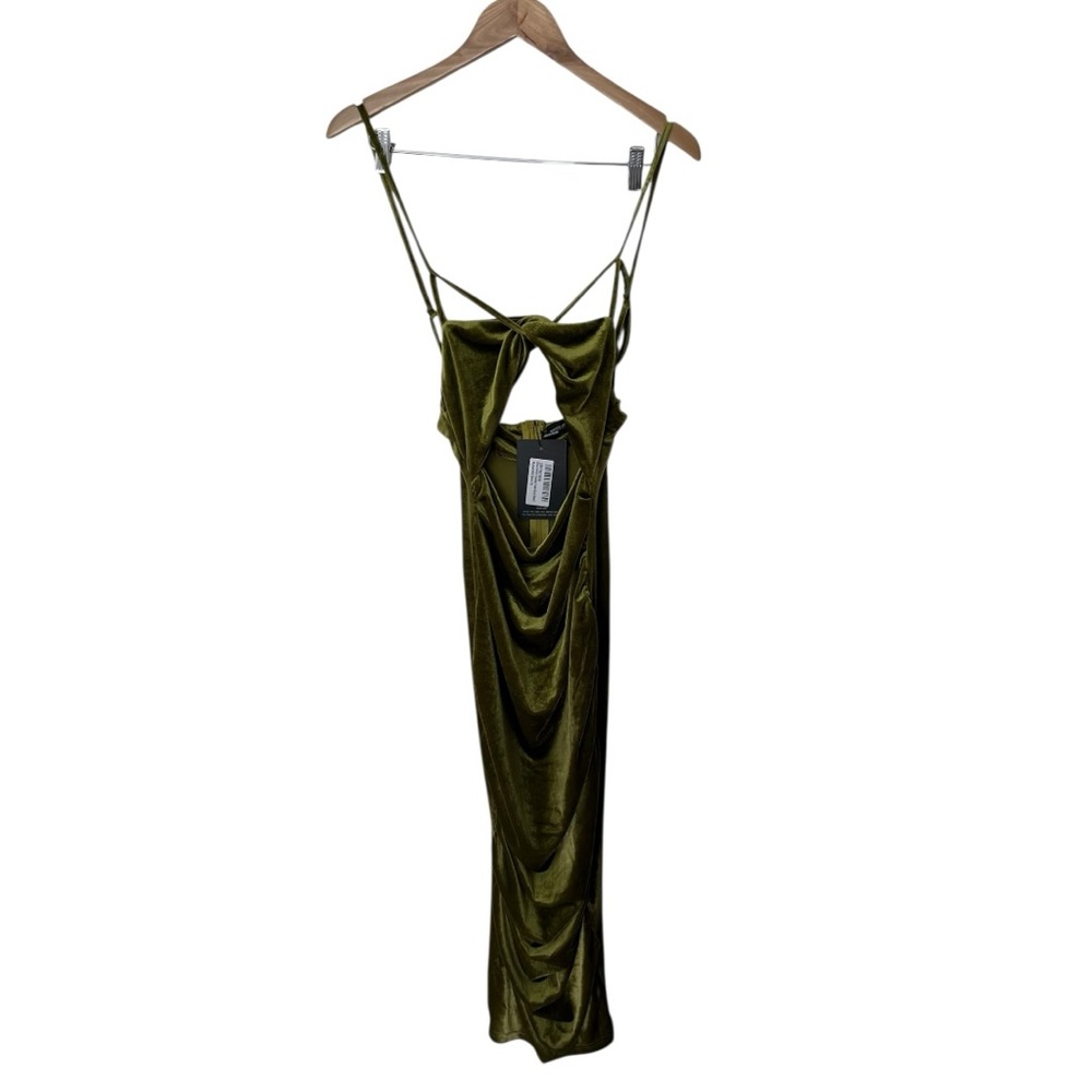 NWT Pretty Little Thing Olive Velvet Strappy Twist Bust Ruched Midi Dress